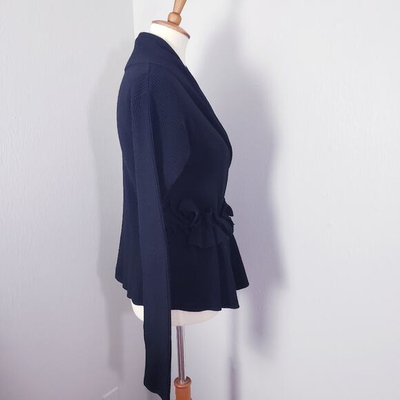 Sonia Rykiel Black Ribbed Wool Blend Knit Floral Ruffled Wrap Cardigan Sweater - Picture 12 of 13